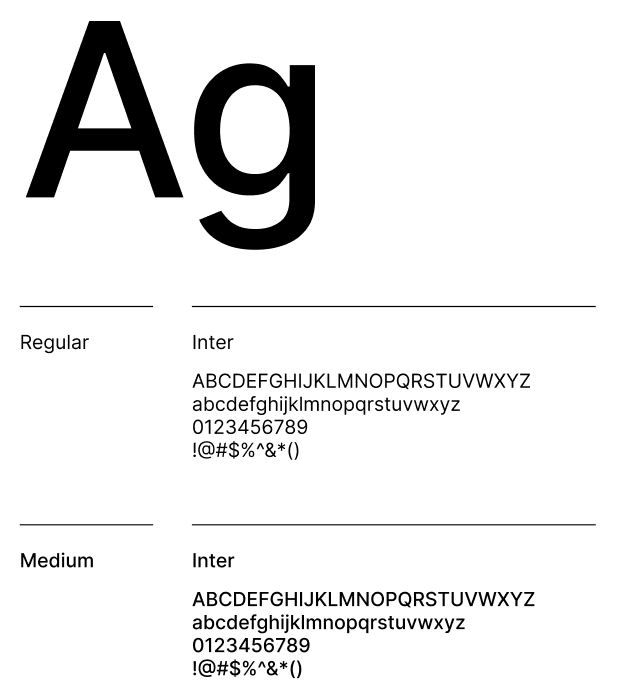 Bokstavene A og g i fonten Inter. Alle bokstaver i alfabetet, tall og ulike tegn i fontvekten regular og medium