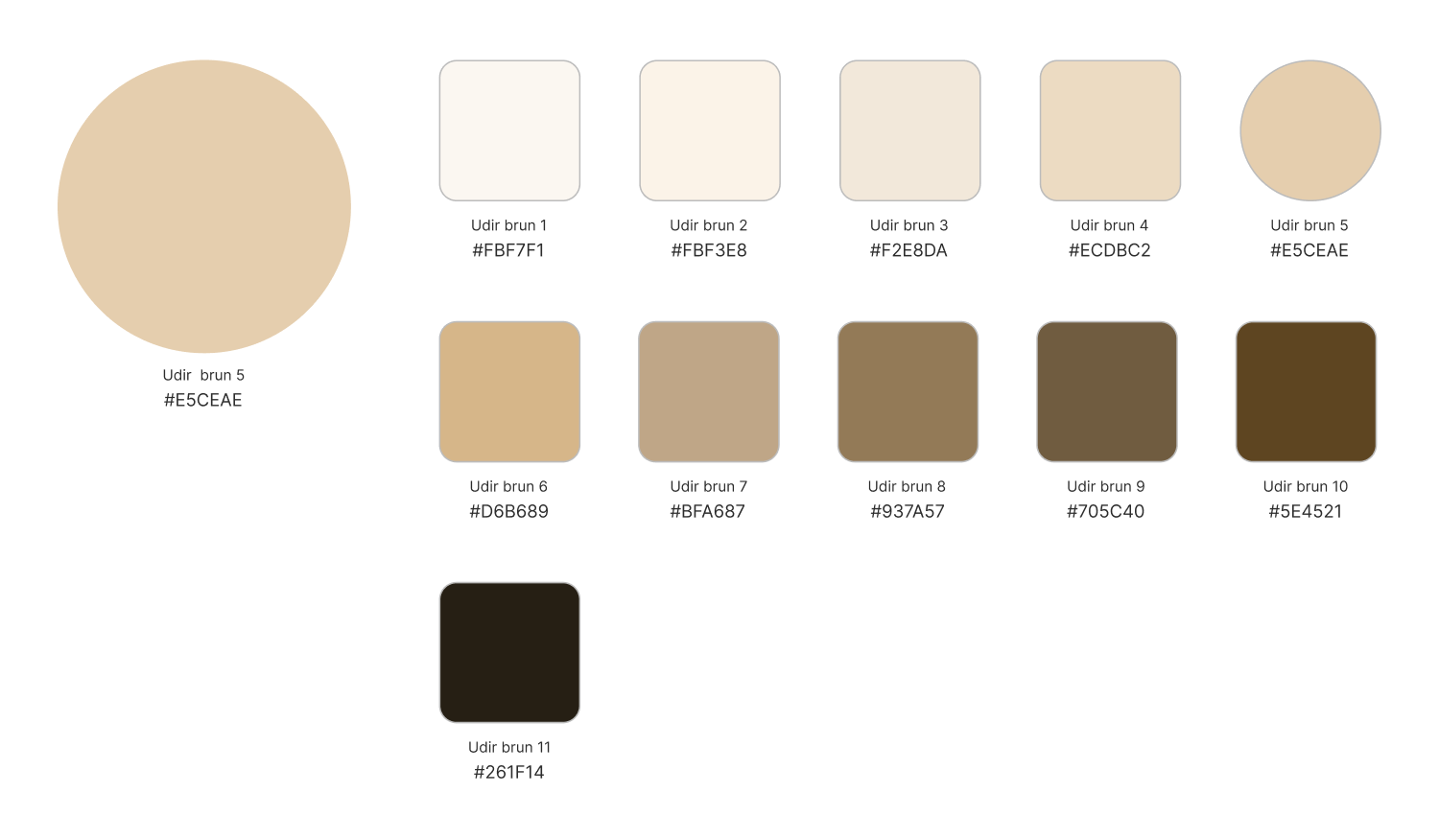 11 felter med ulike nyanser av brun med tilhørende fargekoder. Samme informasjon ligger som tekst under bildet.