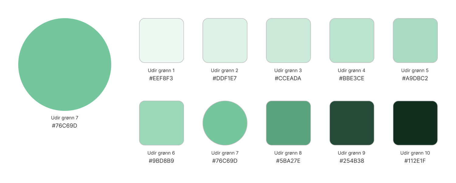 10 felter med ulike nyanser av grønn med tilhørende fargekoder. Samme informasjon ligger som tekst under bildet.