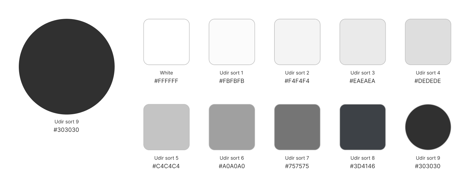 10 felter med ulike nyanser av sort med tilhørende fargekoder. Samme informasjon ligger som tekst under bildet.