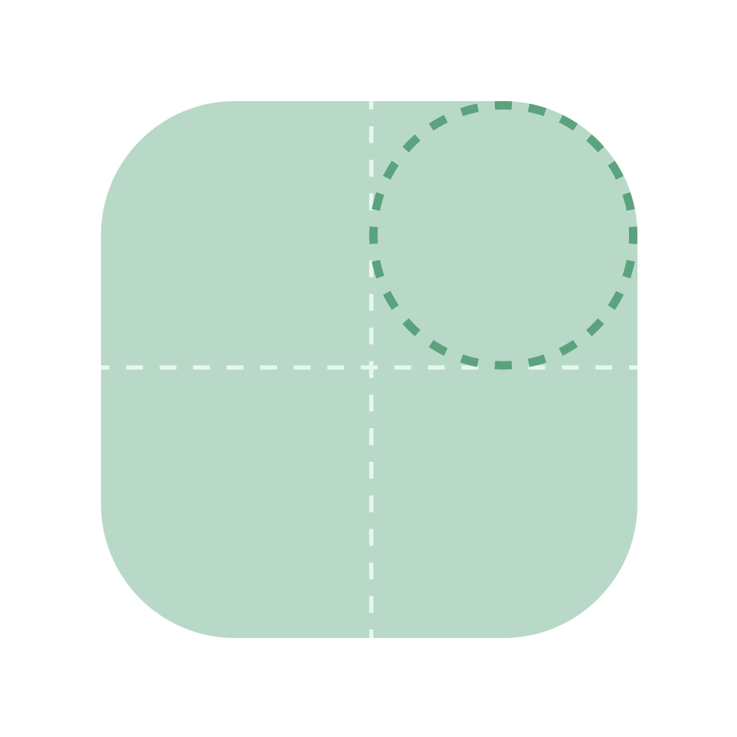 Grønn, avrunda firkant delt inn i fire med stipla linjer og stiplet sirkel i øverste høyre hjørne