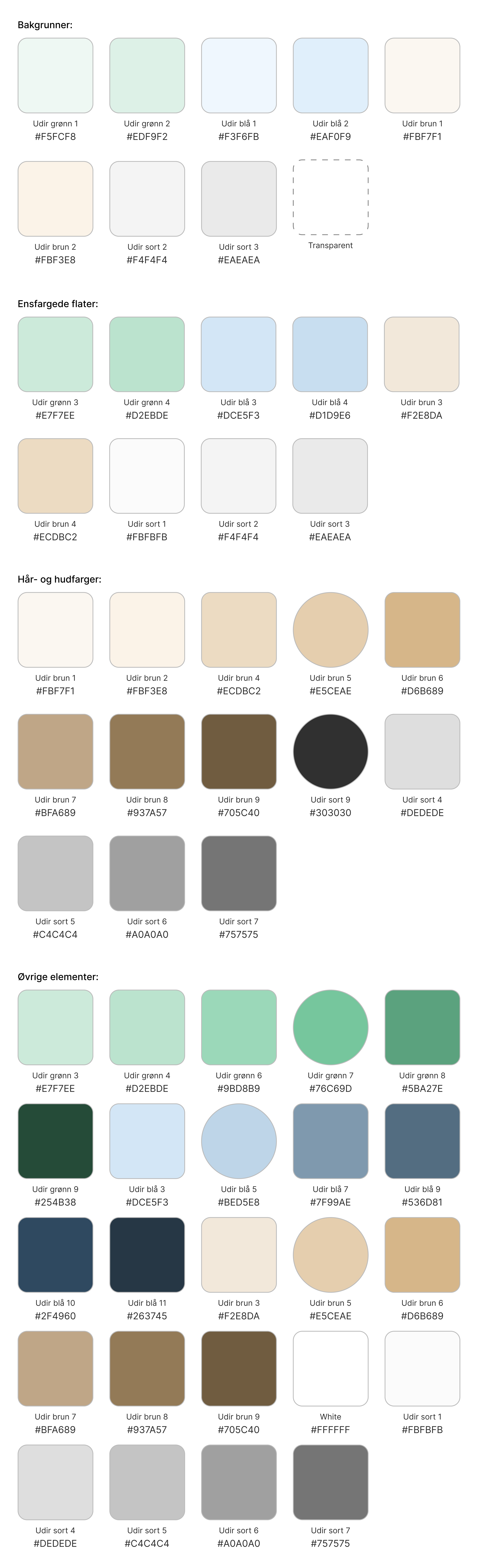 Alle fargene med tilhørende fargekode tilsvarende teksten som står under bildet